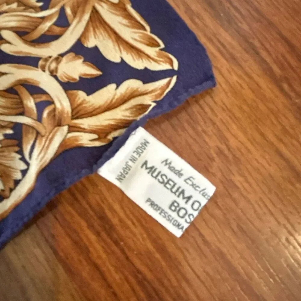 Museum of fine arts Boston 100% silk scarf, floral Navy tan made in Japan